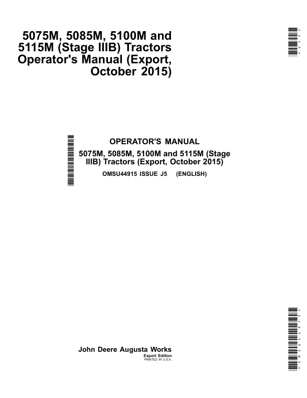 John Deere 5075M, 5085M, 5100M & 5115M Tractors (FT4 Engines) (Mfg in USA) Operator’s Manual (OMSU44915) Workshop Guide