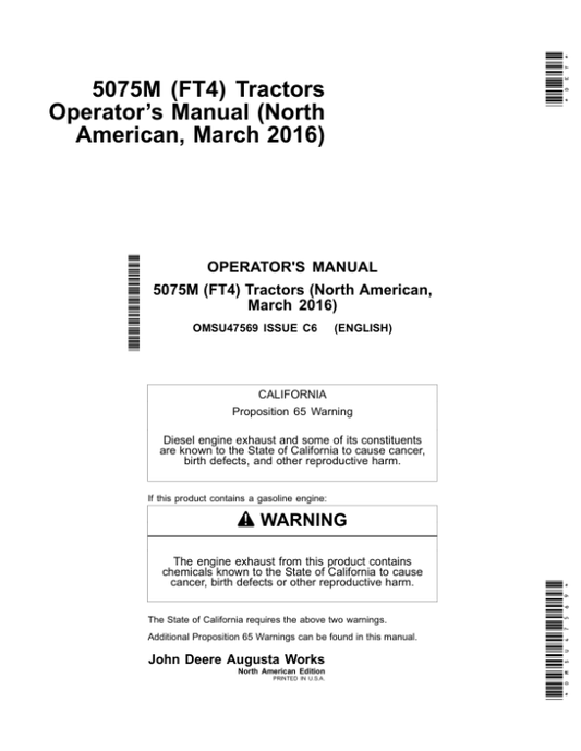 John Deere 5075M (FT4) Tractors North America (Mar 16) Operator’s Manual (OMSU47569) Workshop Guide
