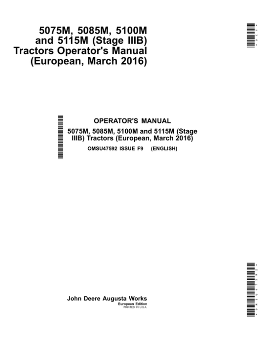 John Deere 5075M, 5085M, 5100M, 5115M (Stage IIIB) Tractors Operator’s Manual (OMSU47592) Workshop Guide