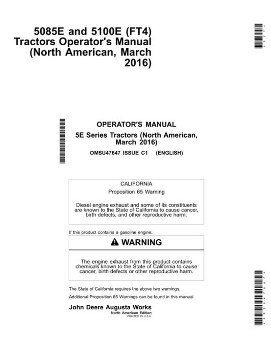 John Deere 5085E, 5100E (FT4) Tractors (March 2016-) (North America) Operator’s Manual (OMSU47647) Workshop Guide