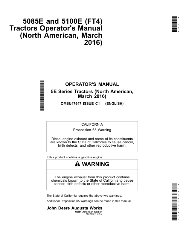 John Deere 5085E, 5100E (FT4) Tractors (March 2016-) (North America) Operator’s Manual (OMSU47647) Workshop Guide