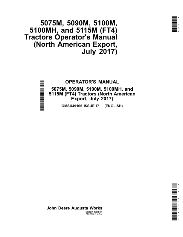 John Deere 5075M, 5090M, 5100M, 5100MH & 5115M (FT4) Tractors Operator’s Manual (OMSU49165) Workshop Guide