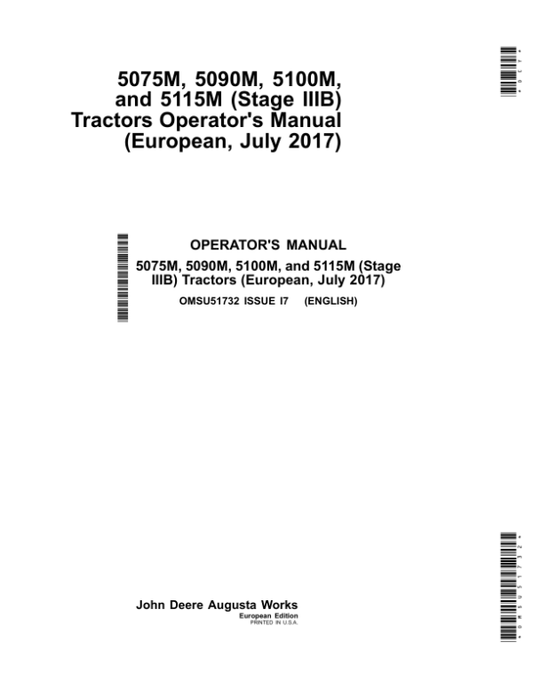 John Deere 5075M, 5090M, 5100M & 5115M (Stage IIIB) Tractors Operator’s Manual (OMSU51732) Workshop Guide