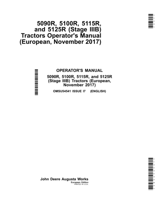 John Deere 5090R, 5100R, 5115R & 5125R (Stage IIIB) Tractors Operator’s Manual (OMSU54541) Workshop Guide