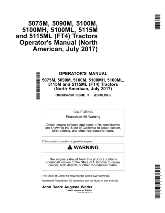 John Deere 5075M, 5090M, 5100M, 5100MH, 5100ML, 5115M & 5115ML (FT4) Tractors Operator’s Manual (OMSU54598) Workshop Guide