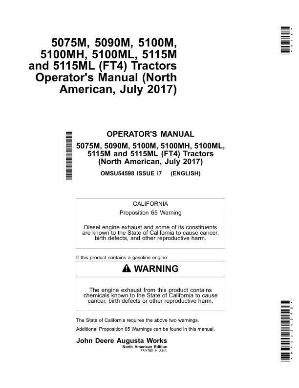 John Deere 5075M, 5090M, 5100M, 5100MH, 5100ML, 5115M & 5115ML (FT4) Tractors Operator’s Manual (OMSU54598) Workshop Guide