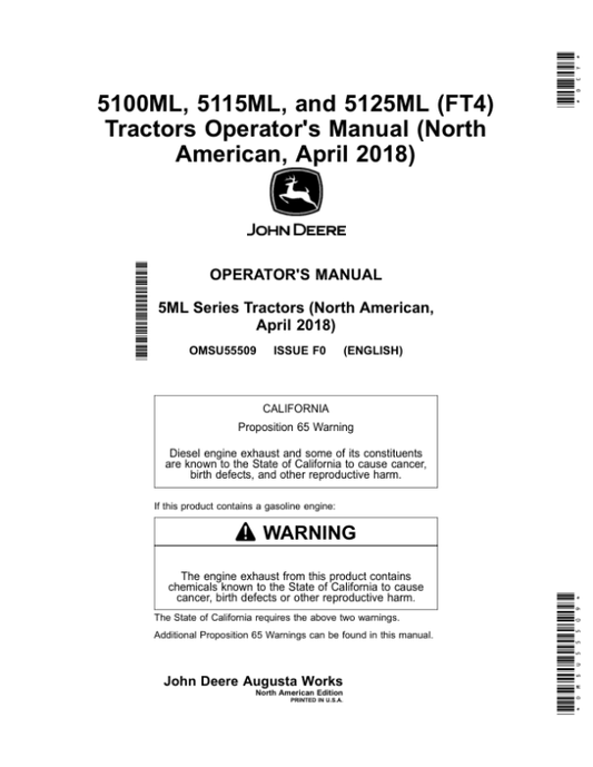 John Deere 5100ML, 5115ML, 5125ML (FT4) Tractors (April 2018-) Operator’s Manual (OMSU55509) Workshop Guide