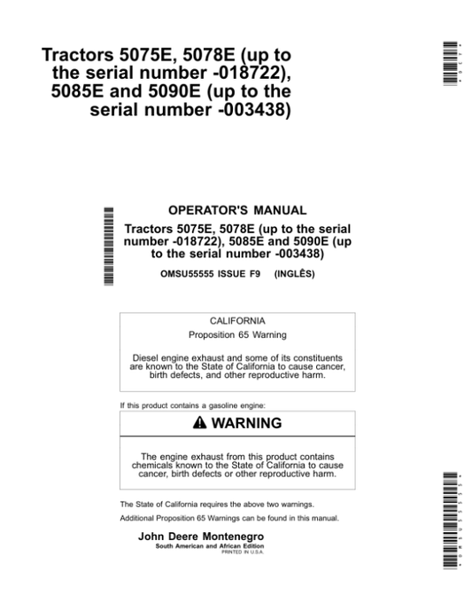 John Deere 5075E, 5078E, 5085E, 5090E Tratores Operator’s Manual (OMSU55555) Workshop Guide