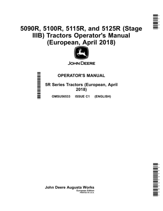 John Deere 5090R, 5100R, 5115R, 5125R (Stage IIIB) Tractors (April 2018-) (Europe) Operator’s Manual (OMSU56533) Workshop Guide