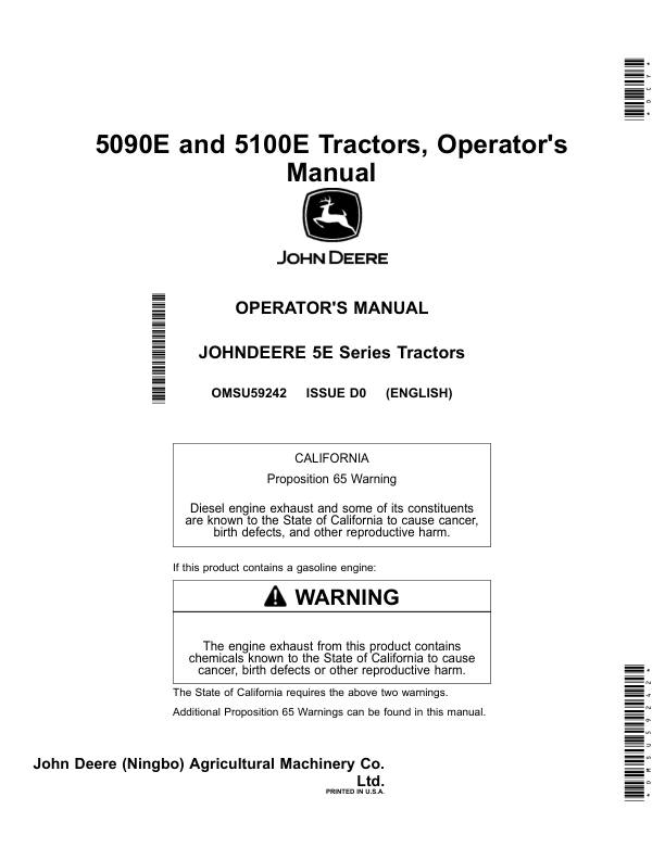 John Deere 5090E, 5100E Tractors (MY2020-) Operator’s Manual (OMSU59242) Workshop Guide