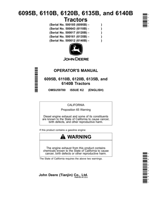 John Deere 6095B (500185-), 6110B (500643-), 6120B (500017-), 6135B (530161-), 6140B (500012-) Tractors Operator’s Manual (OMSU59780) Workshop Guide