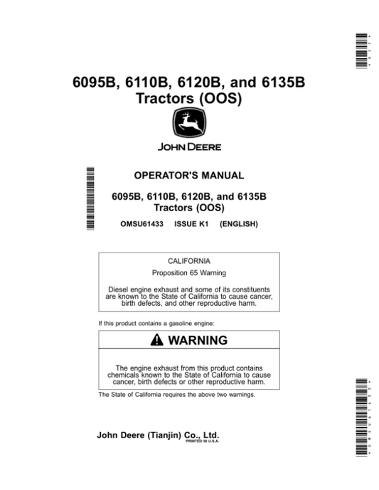 John Deere 6095B, 6110B, 6120B, 6135B Tractors (OOS) Operator’s Manual (OMSU61433) Workshop Guide