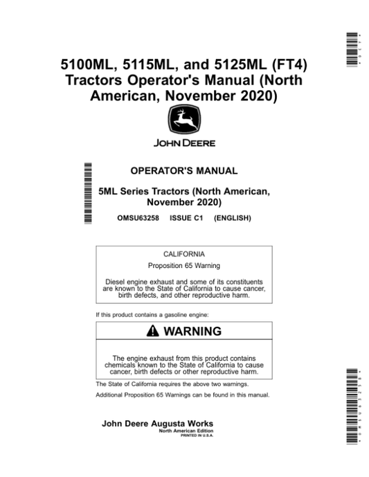 John Deere 5100ML, 5115ML, 5125ML (FT4) Tractors (November 2020-) (North America) Operator’s Manual (OMSU63258) Workshop Guide