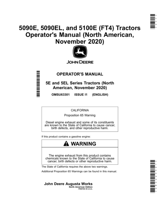 John Deere 5090E, 5090EL, 5100E (FT4) Tractors (November 2020-) (North American) Operator’s Manual (OMSU63301) Workshop Guide