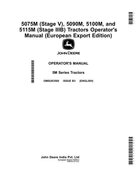 John Deere 5075M (Stage V), 5090M, 5100M, 5115M (Stage IIIB) Tractors (European Export Edition) Operator’s Manual (OMSU63500) Workshop Guide