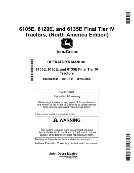 John Deere 6105E, 6120E, 6135E Final Tier IV Tractors (001001-) Operator’s Manual (OMSU63548) Workshop Guide