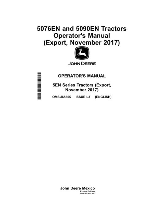 John Deere 5083E, 5093E Tractors (August 2016-) (Export Edition) Operator’s Manual (OMSU65855) Workshop Guide