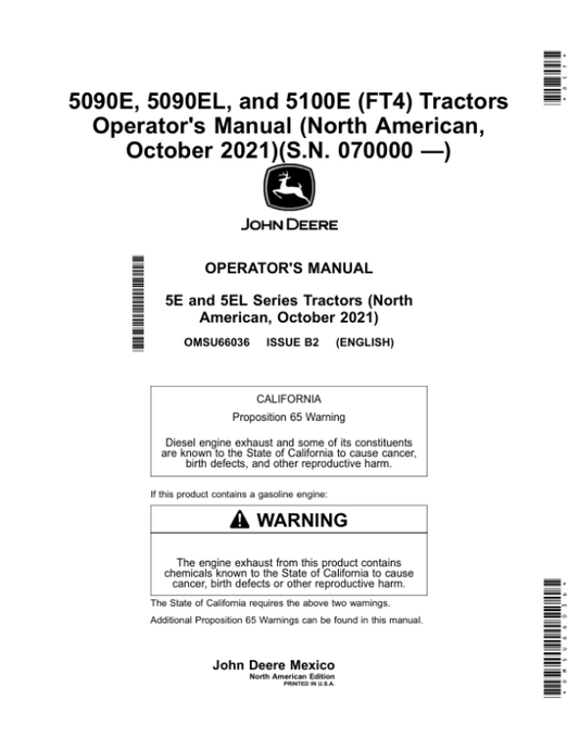 John Deere 5090E, 5090EL, 5100E (FT4) Tractors (October 2021-) (070000-) (North American) Operator’s Manual (OMSU66036) Workshop Guide