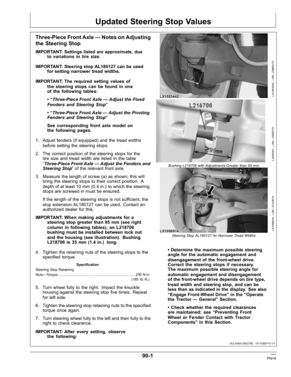 John Deere Supplemental Operators Manualwith updated Steering Stop Values6M & 6R Tractors withThree-Piece Front Axle Operator’s Manual (OMSUPAXLE19) Workshop Guide