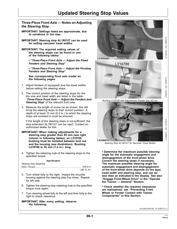 John Deere Supplemental Operators Manualwith updated Steering Stop Values6M & 6R Tractors withThree-Piece Front Axle Operator’s Manual (OMSUPAXLE19) Workshop Guide