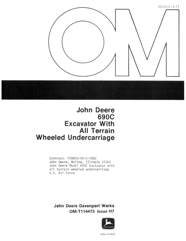 John Deere 690CR Excavators Operator’s Manuals (OMT114473) Workshop Guide