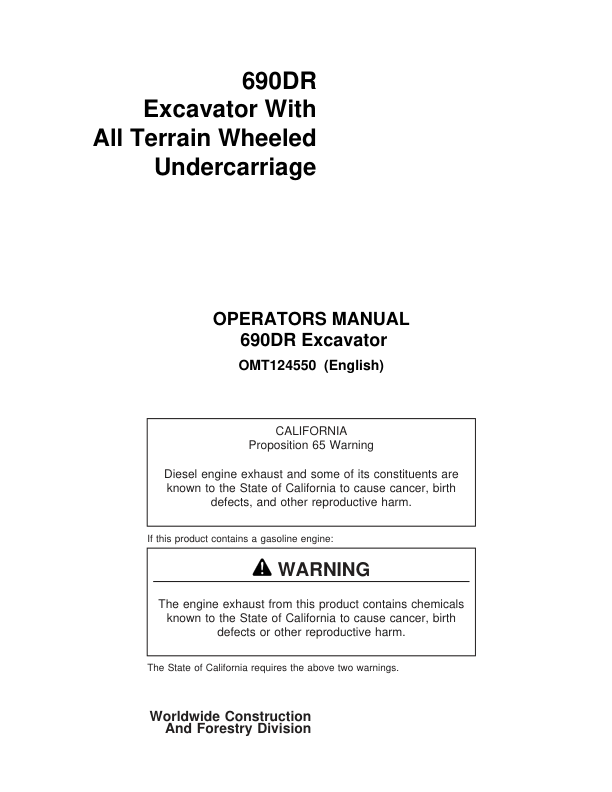 John Deere 690DR Excavators Operator’s Manuals (OMT124550) Workshop Guide