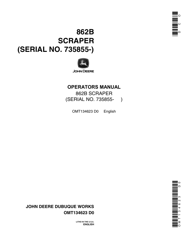 John Deere 862B Scrapers Operator’s Manuals (OMT134623) Workshop Guide