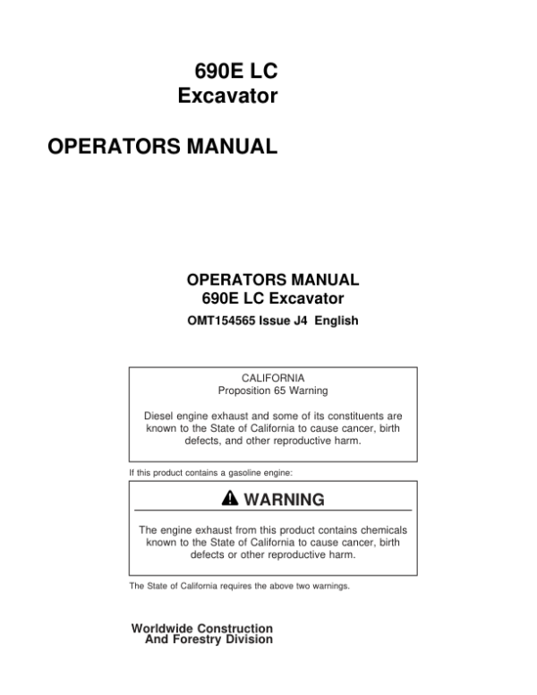 John Deere 690ELC Excavators Operator’s Manuals (OMT154565) Workshop Guide