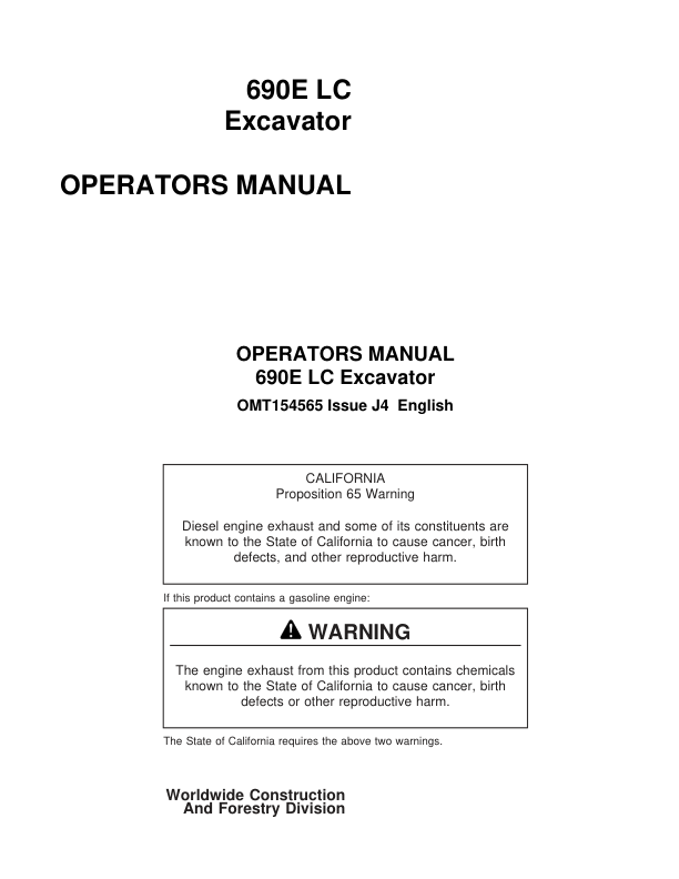 John Deere 690ELC Excavators Operator’s Manuals (OMT154565) Workshop Guide