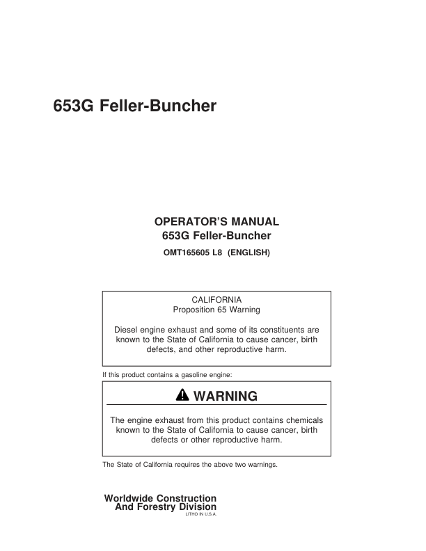 John Deere 653G Tracked Feller Bunchers Operator’s Manuals (OMT165605) Workshop Guide