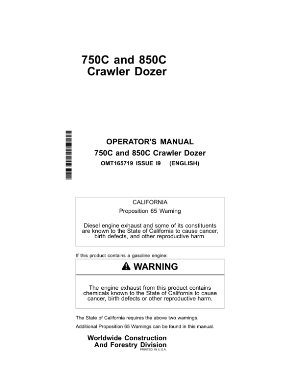 John Deere 750C, 850C Crawler Dozers Operator’s Manuals (OMT165719) Workshop Guide