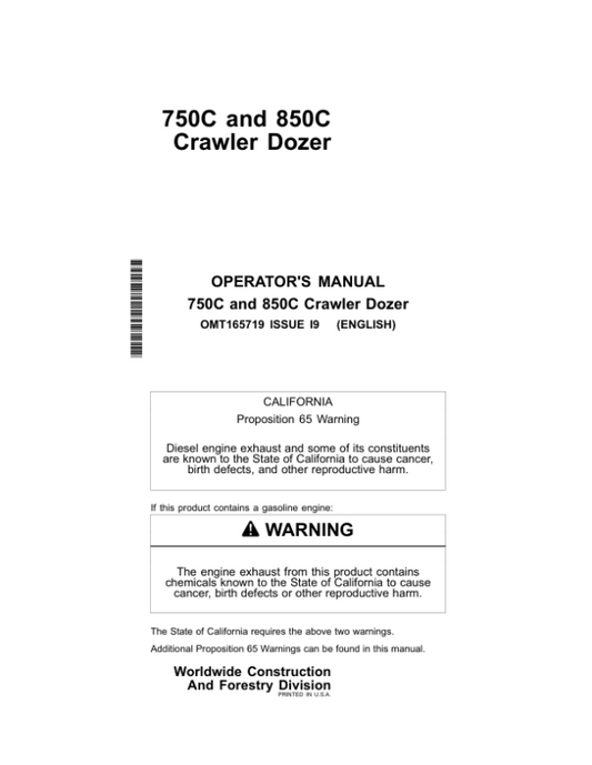 John Deere 750C, 850C Crawler Dozers Operator’s Manuals (OMT165719) Workshop Guide