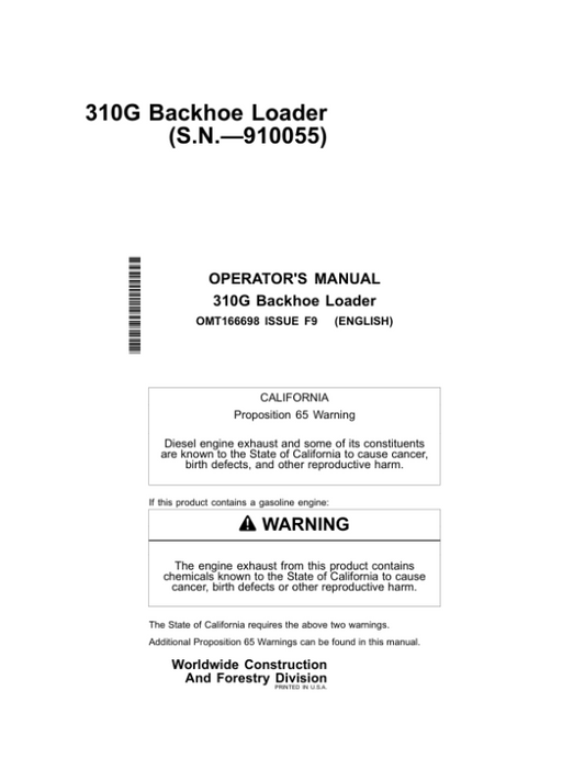 John Deere 310G Backhoes Operator’s Manuals (OMT166698) Workshop Guide