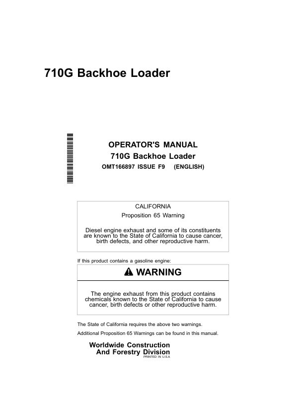 John Deere 710G Backhoes Operator’s Manuals (OMT166897) Workshop Guide