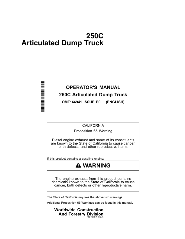 John Deere 250C Articulated Dump Trucks Operator’s Manuals (OMT166941) Workshop Guide