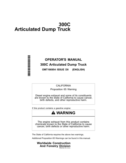 John Deere 300C Articulated Dump Trucks Operator’s Manuals (OMT166954) Workshop Guide
