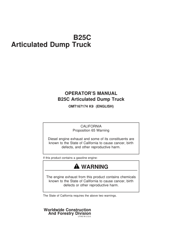 John Deere B25C Articulated Dump Trucks Operator’s Manuals (OMT167174) Workshop Guide