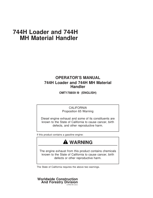 John Deere 744H, 744HMH Loaders Operator’s Manuals (OMT178859) Workshop Guide