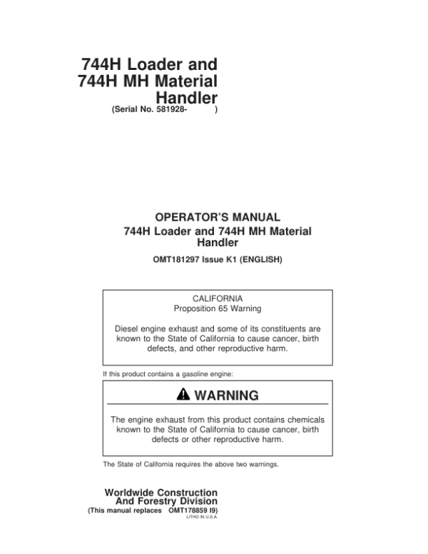 John Deere 744H, 744HMH Loaders Operator’s Manuals (OMT181297) Workshop Guide