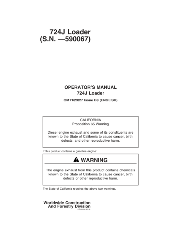 John Deere 724J Loaders Operator’s Manuals (OMT182027) Workshop Guide