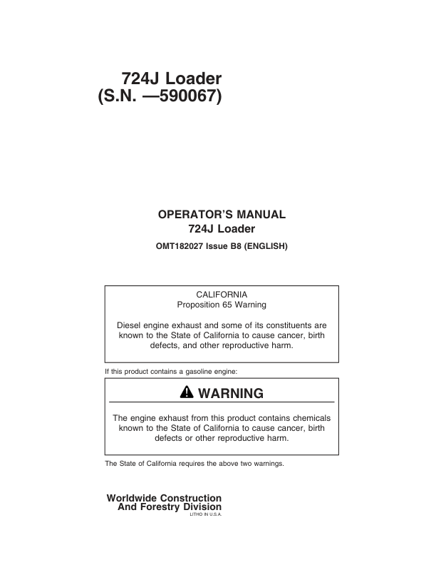 John Deere 724J Loaders Operator’s Manuals (OMT182027) Workshop Guide