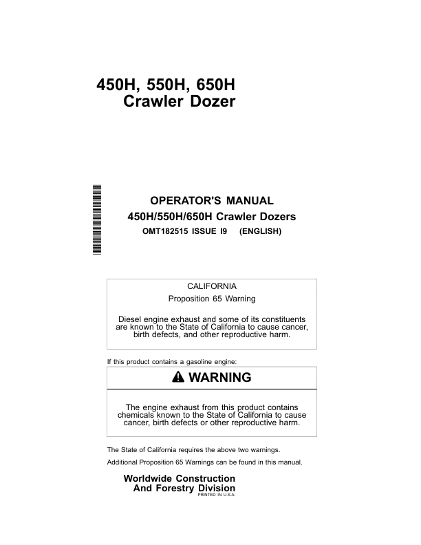 John Deere 450H, 550H, 650H Crawler Dozers Operator’s Manuals (OMT182515) Workshop Guide