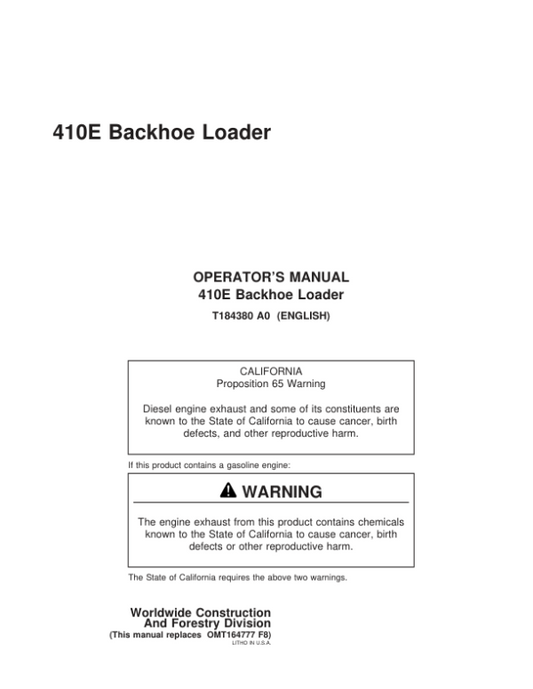 John Deere 410E Backhoes Operator’s Manuals (OMT184380) Workshop Guide