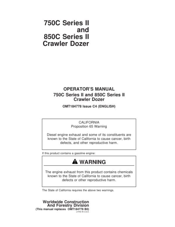 John Deere 750CII, 850CII Crawlers Operator’s Manuals (OMT184778) Workshop Guide