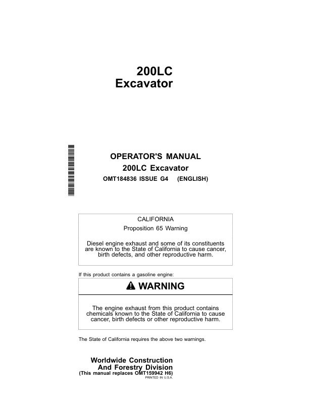 John Deere 200LC Excavators Operator’s Manuals (OMT184836) Workshop Guide