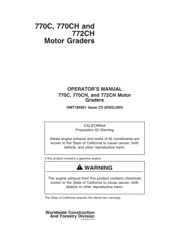 John Deere 770C, 770CH, 772CH Motor Graders Operator’s Manuals (OMT184951) Workshop Guide