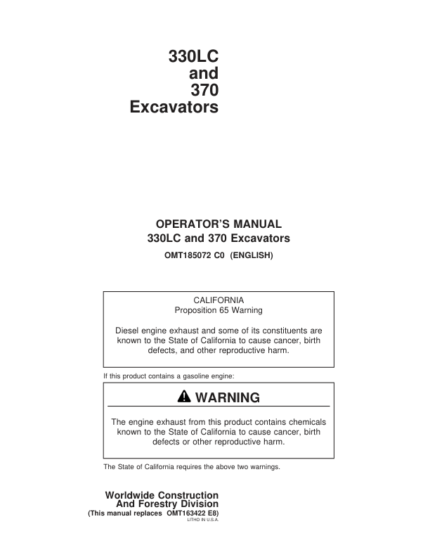 John Deere 330LC, 370 Excavators Operator’s Manuals (OMT185072) Workshop Guide