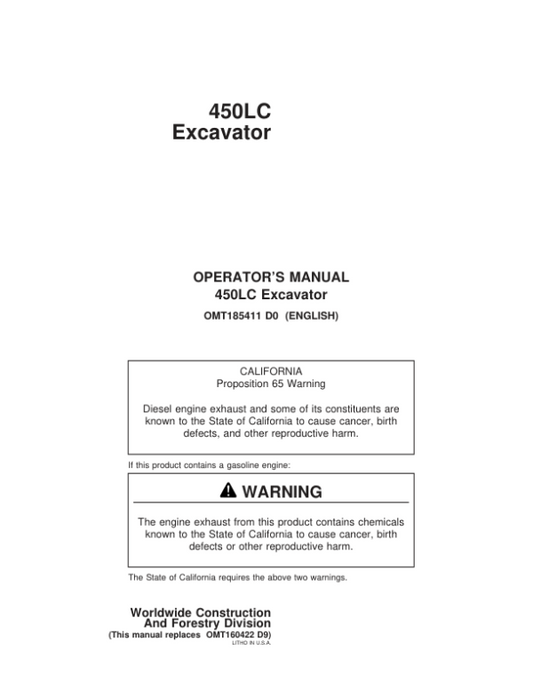 John Deere 450LC Excavators Operator’s Manuals (OMT185411) Workshop Guide
