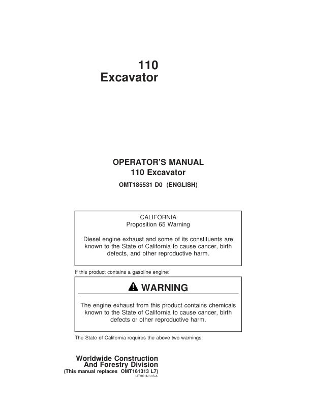 John Deere 110 Excavators Operator’s Manuals (OMT185531) Workshop Guide
