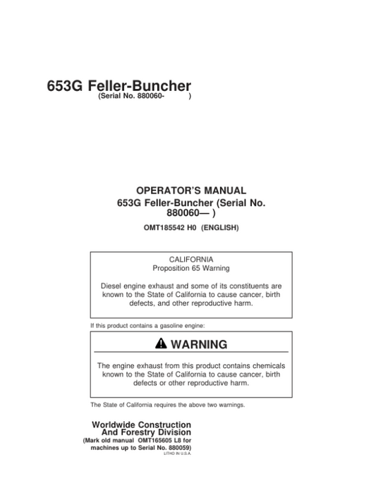 John Deere 653G Tracked Feller Bunchers Operator’s Manuals (OMT185542) Workshop Guide